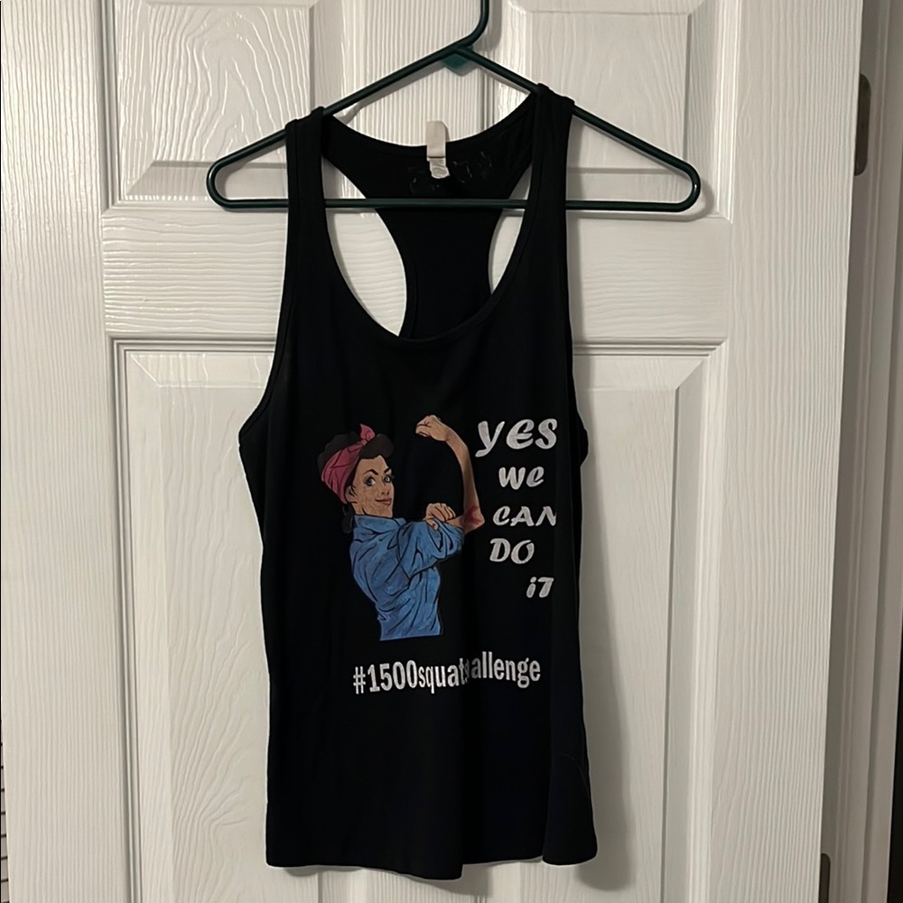 Women's Black Graphic Tank Top size L “yes we can do it” 1500 squat challenge